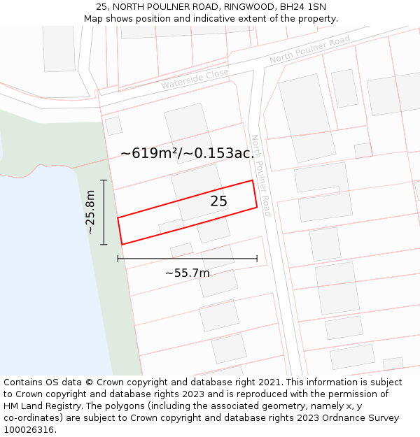 25, NORTH POULNER ROAD, RINGWOOD, BH24 1SN: Plot and title map