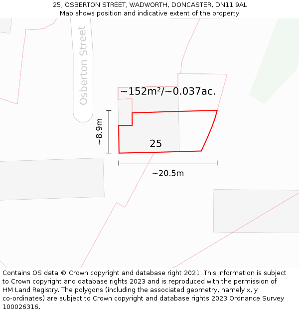 25, OSBERTON STREET, WADWORTH, DONCASTER, DN11 9AL: Plot and title map