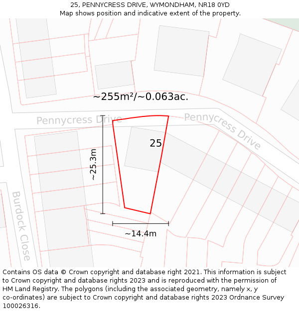 25, PENNYCRESS DRIVE, WYMONDHAM, NR18 0YD: Plot and title map