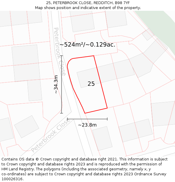 25, PETERBROOK CLOSE, REDDITCH, B98 7YF: Plot and title map