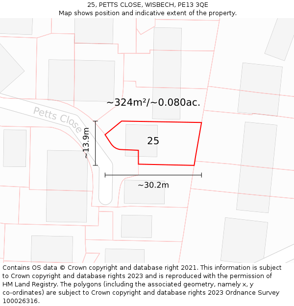 25, PETTS CLOSE, WISBECH, PE13 3QE: Plot and title map