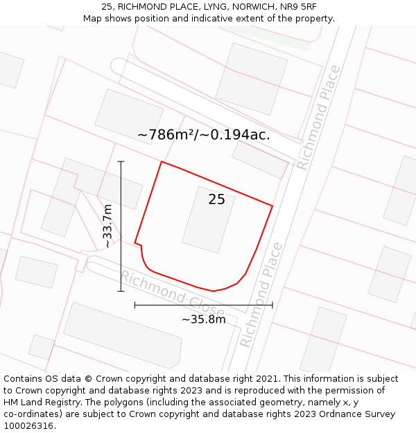 25, RICHMOND PLACE, LYNG, NORWICH, NR9 5RF: Plot and title map