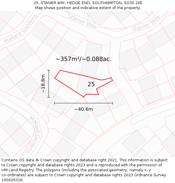 25, STANIER WAY, HEDGE END, SOUTHAMPTON, SO30 2XE: Plot and title map