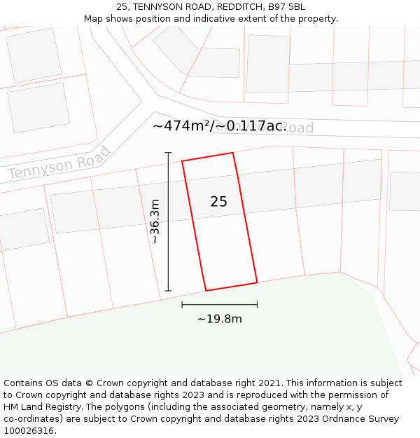 25, TENNYSON ROAD, REDDITCH, B97 5BL: Plot and title map