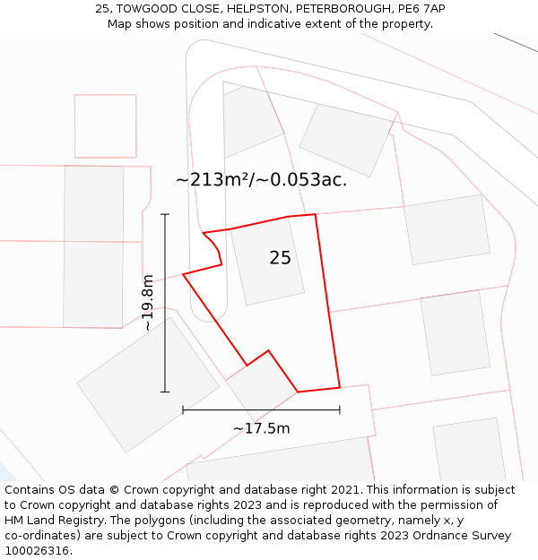 25, TOWGOOD CLOSE, HELPSTON, PETERBOROUGH, PE6 7AP: Plot and title map