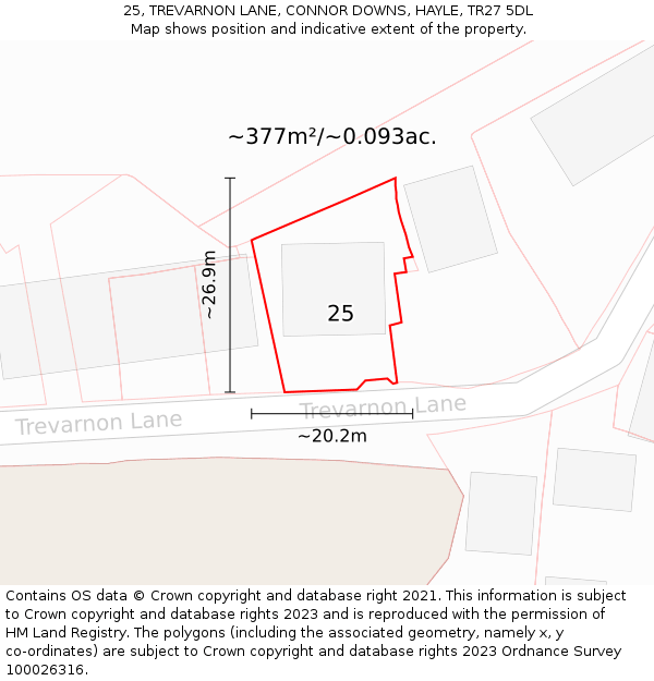 25, TREVARNON LANE, CONNOR DOWNS, HAYLE, TR27 5DL: Plot and title map