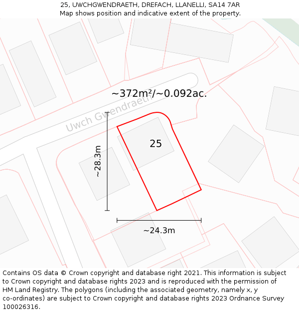 25, UWCHGWENDRAETH, DREFACH, LLANELLI, SA14 7AR: Plot and title map