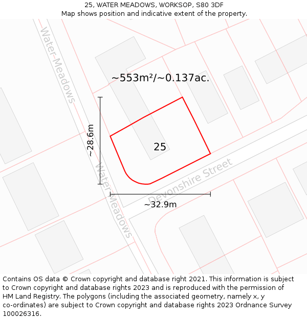 25, WATER MEADOWS, WORKSOP, S80 3DF: Plot and title map