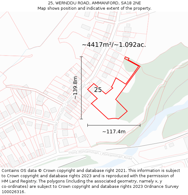 25, WERNDDU ROAD, AMMANFORD, SA18 2NE: Plot and title map