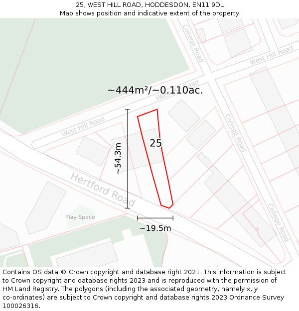 25, WEST HILL ROAD, HODDESDON, EN11 9DL: Plot and title map