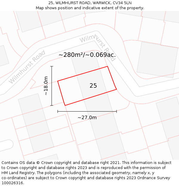 25, WILMHURST ROAD, WARWICK, CV34 5LN: Plot and title map