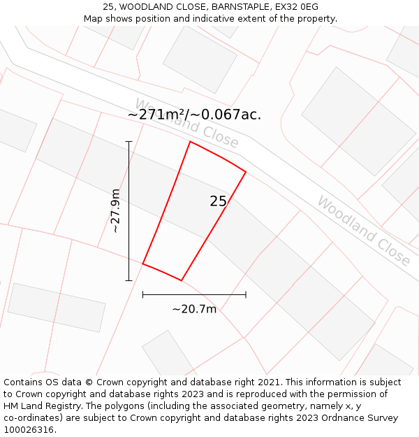 25, WOODLAND CLOSE, BARNSTAPLE, EX32 0EG: Plot and title map