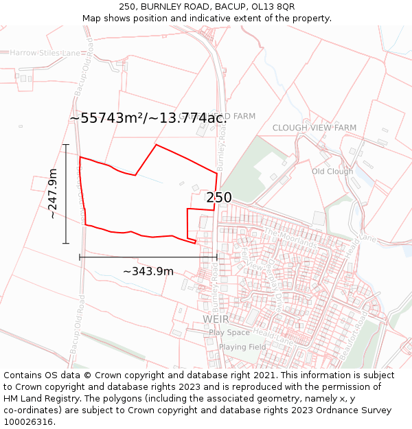 250, BURNLEY ROAD, BACUP, OL13 8QR: Plot and title map