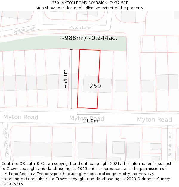 250, MYTON ROAD, WARWICK, CV34 6PT: Plot and title map