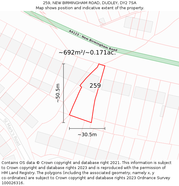 259, NEW BIRMINGHAM ROAD, DUDLEY, DY2 7SA: Plot and title map
