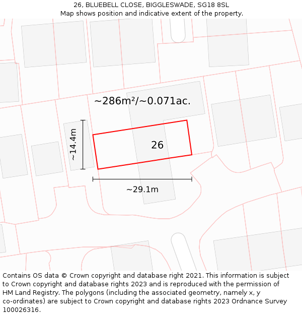 26, BLUEBELL CLOSE, BIGGLESWADE, SG18 8SL: Plot and title map