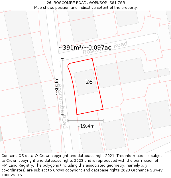 26, BOSCOMBE ROAD, WORKSOP, S81 7SB: Plot and title map