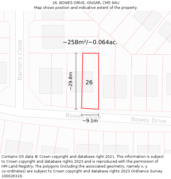 26, BOWES DRIVE, ONGAR, CM5 9AU: Plot and title map