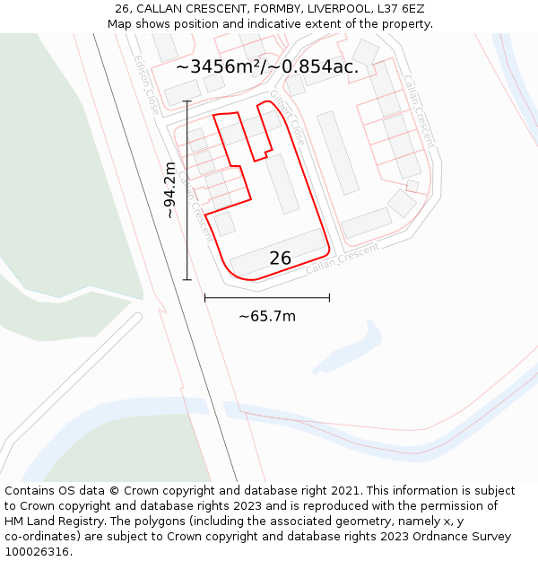 26, CALLAN CRESCENT, FORMBY, LIVERPOOL, L37 6EZ: Plot and title map