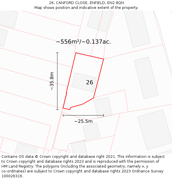 26, CANFORD CLOSE, ENFIELD, EN2 8QN: Plot and title map