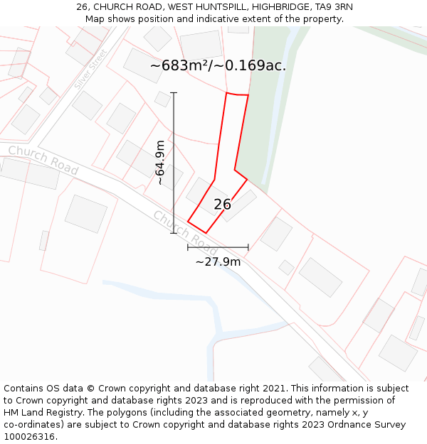 26, CHURCH ROAD, WEST HUNTSPILL, HIGHBRIDGE, TA9 3RN: Plot and title map