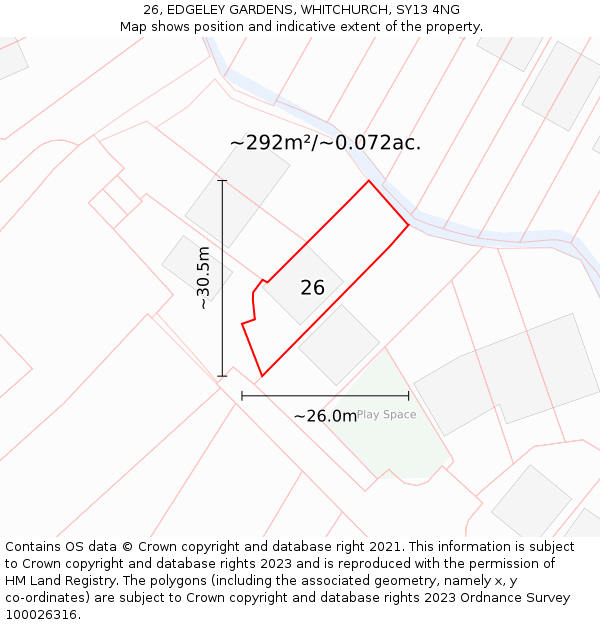 26, EDGELEY GARDENS, WHITCHURCH, SY13 4NG: Plot and title map