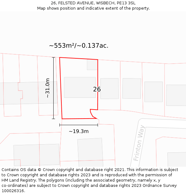 26, FELSTED AVENUE, WISBECH, PE13 3SL: Plot and title map