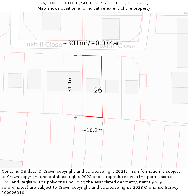 26, FOXHILL CLOSE, SUTTON-IN-ASHFIELD, NG17 2HQ: Plot and title map