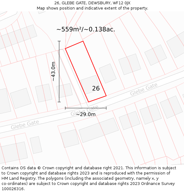 26, GLEBE GATE, DEWSBURY, WF12 0JX: Plot and title map