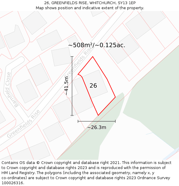 26, GREENFIELDS RISE, WHITCHURCH, SY13 1EP: Plot and title map