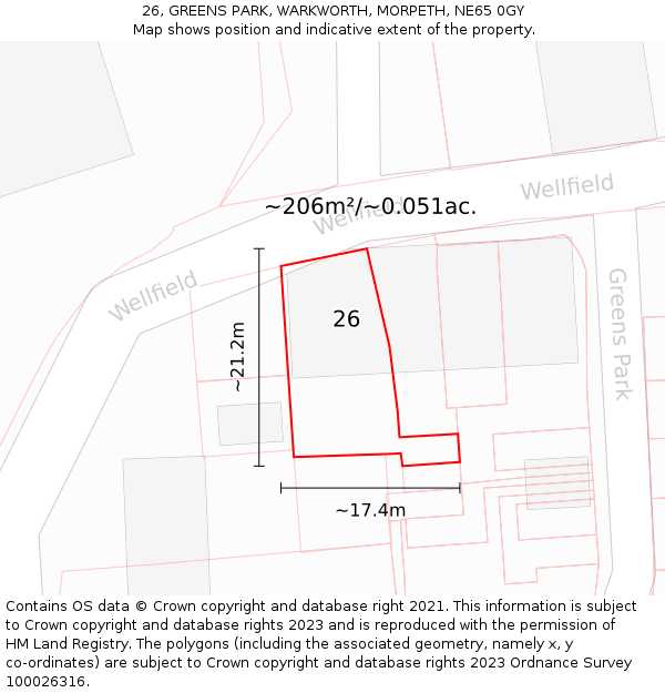 26, GREENS PARK, WARKWORTH, MORPETH, NE65 0GY: Plot and title map