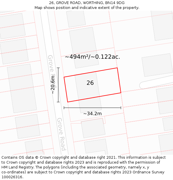 26, GROVE ROAD, WORTHING, BN14 9DG: Plot and title map