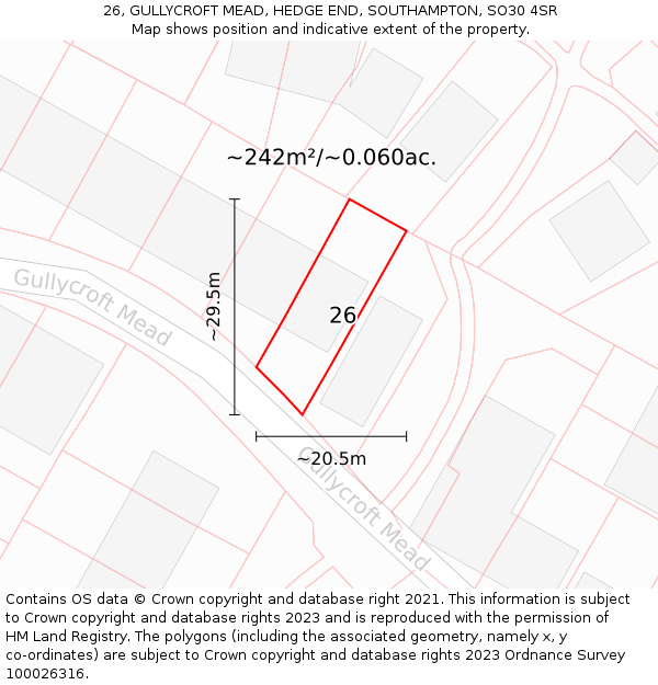 26, GULLYCROFT MEAD, HEDGE END, SOUTHAMPTON, SO30 4SR: Plot and title map