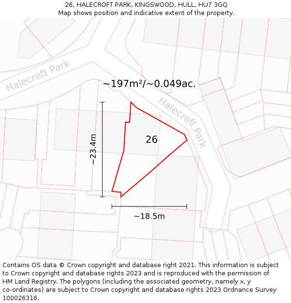 26, HALECROFT PARK, KINGSWOOD, HULL, HU7 3GQ: Plot and title map