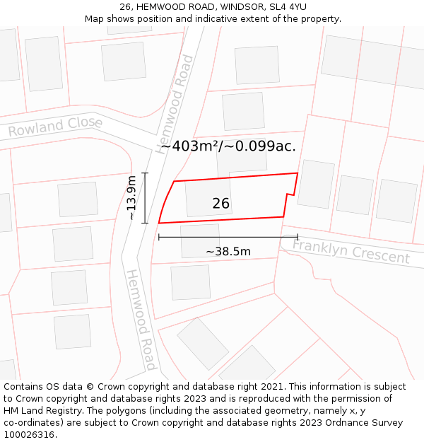 26, HEMWOOD ROAD, WINDSOR, SL4 4YU: Plot and title map