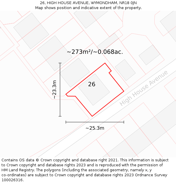 26, HIGH HOUSE AVENUE, WYMONDHAM, NR18 0JN: Plot and title map