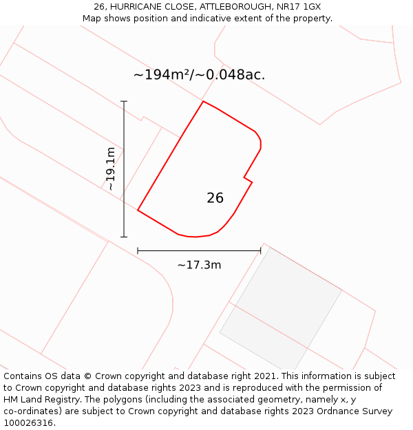 26, HURRICANE CLOSE, ATTLEBOROUGH, NR17 1GX: Plot and title map