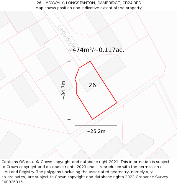 26, LADYWALK, LONGSTANTON, CAMBRIDGE, CB24 3ED: Plot and title map