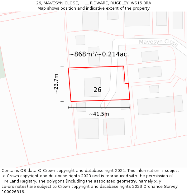 26, MAVESYN CLOSE, HILL RIDWARE, RUGELEY, WS15 3RA: Plot and title map