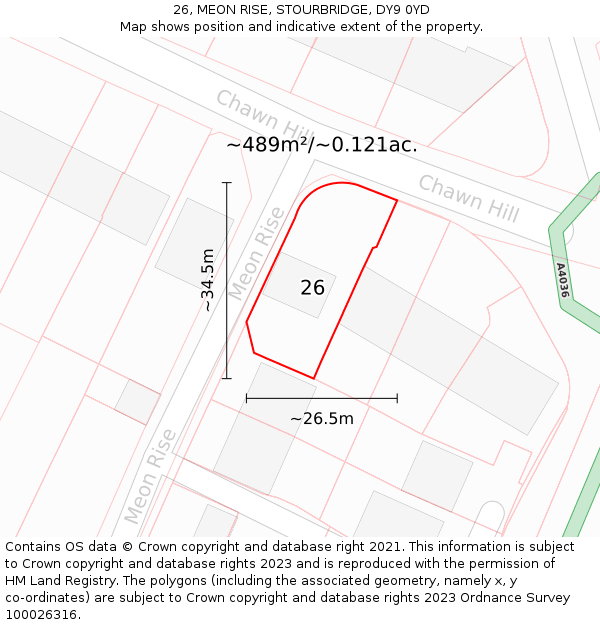 26, MEON RISE, STOURBRIDGE, DY9 0YD: Plot and title map