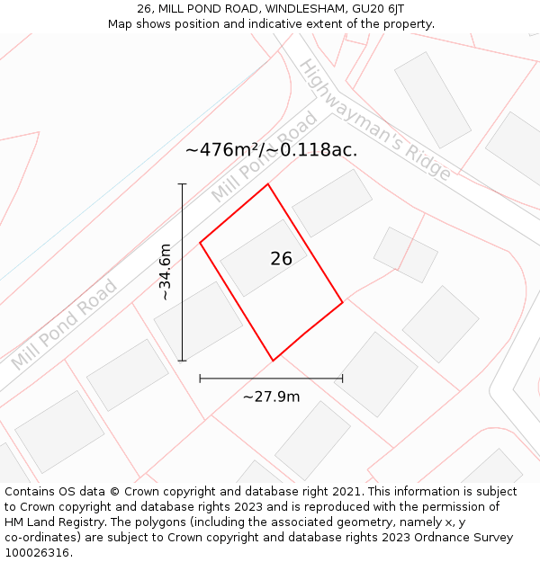 26, MILL POND ROAD, WINDLESHAM, GU20 6JT: Plot and title map