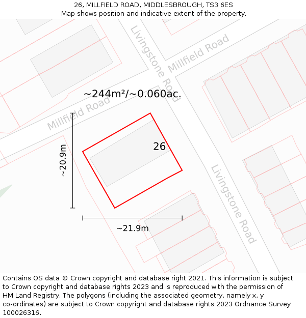 26, MILLFIELD ROAD, MIDDLESBROUGH, TS3 6ES: Plot and title map