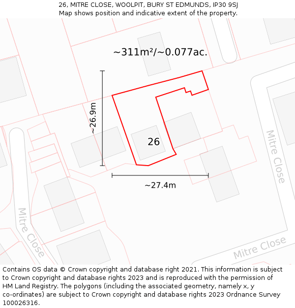 26, MITRE CLOSE, WOOLPIT, BURY ST EDMUNDS, IP30 9SJ: Plot and title map