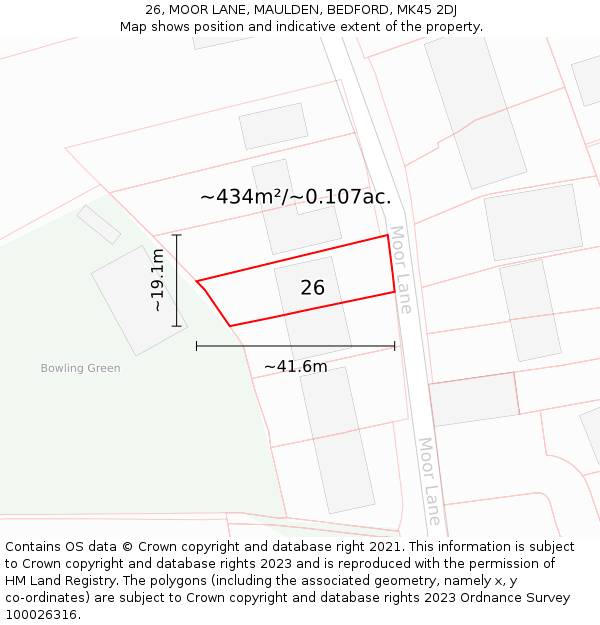 26, MOOR LANE, MAULDEN, BEDFORD, MK45 2DJ: Plot and title map