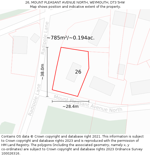 26, MOUNT PLEASANT AVENUE NORTH, WEYMOUTH, DT3 5HW: Plot and title map
