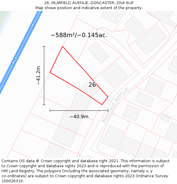 26, MUIRFIELD AVENUE, DONCASTER, DN4 6UP: Plot and title map