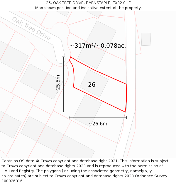 26, OAK TREE DRIVE, BARNSTAPLE, EX32 0HE: Plot and title map