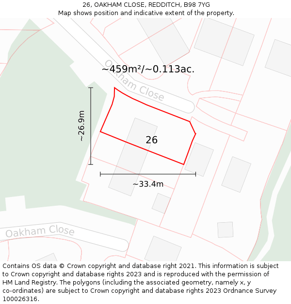 26, OAKHAM CLOSE, REDDITCH, B98 7YG: Plot and title map