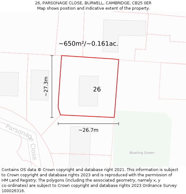 26, PARSONAGE CLOSE, BURWELL, CAMBRIDGE, CB25 0ER: Plot and title map