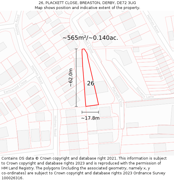 26, PLACKETT CLOSE, BREASTON, DERBY, DE72 3UG: Plot and title map